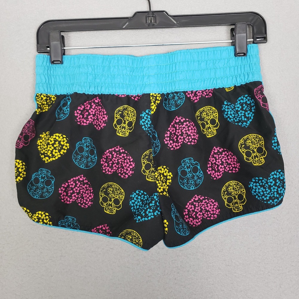Y2K Xhilaration Pull On Shortie Shorts Black Teal Skull Print Micro Track Size M